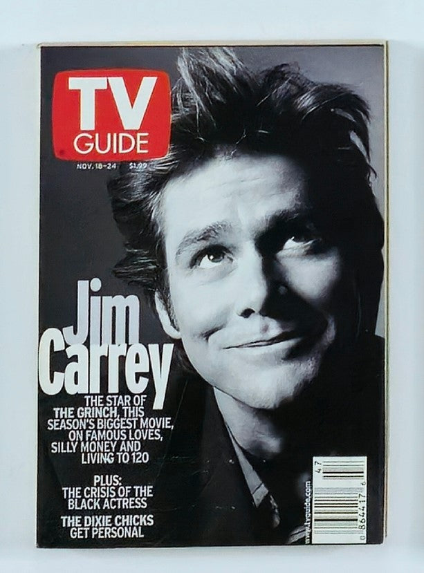 Cover of TV Guide Magazine dated November 18, 2000, featuring Jim Carrey, star of The Grinch, with a smile and a casual pose.