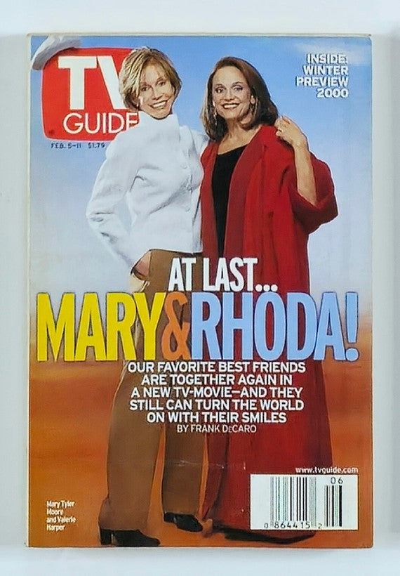 TV Guide Magazine February 5 2000 featuring Mary Tyler Moore and Valerie Harper. The cover highlights their reunion with smiles, capturing nostalgia for fans of classic television.