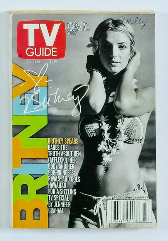 TV Guide Magazine cover from June 3, 2000 featuring Britney Spears, showcasing her iconic look and signature, highlighting the edition's focus on her life and career at the height of her fame.