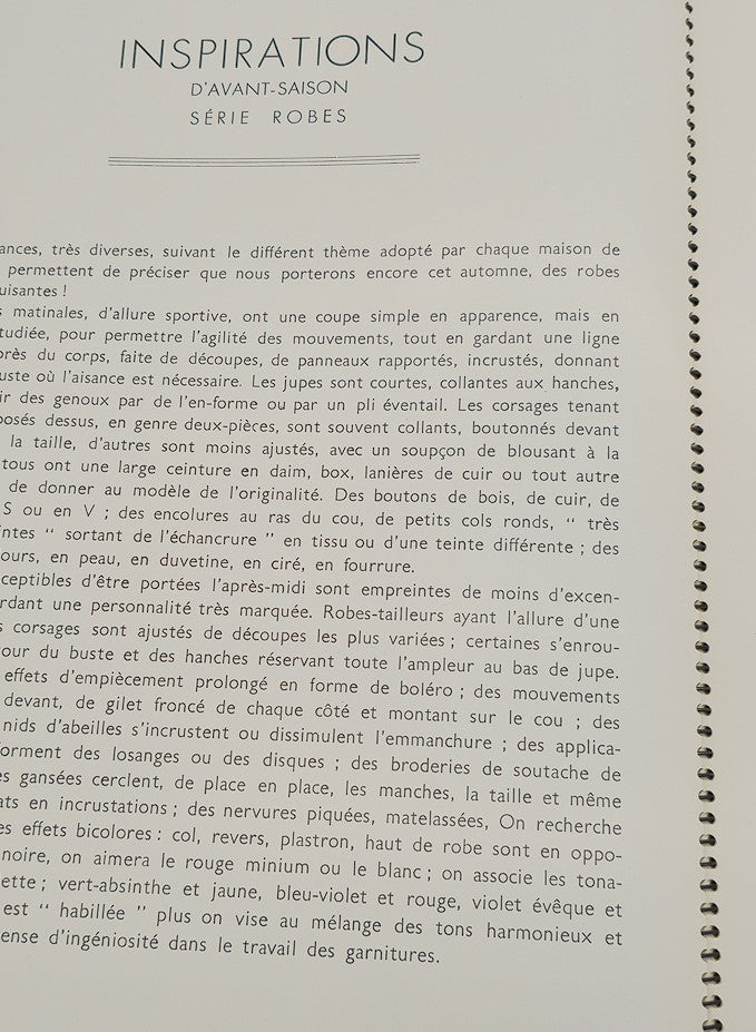 Internal page of the 1937 Les Editions Bell Inspirations D'Avant-Saison Haute Couture Brochure with detailed text about fashion styles from the series Robes, highlighting the essence of haute couture.