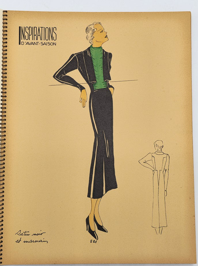 1937 Les Editions Bell Inspirations D'Avant-Saison Haute Couture Brochure featuring a fashionable woman in a sleek outfit with a jacket and long skirt.