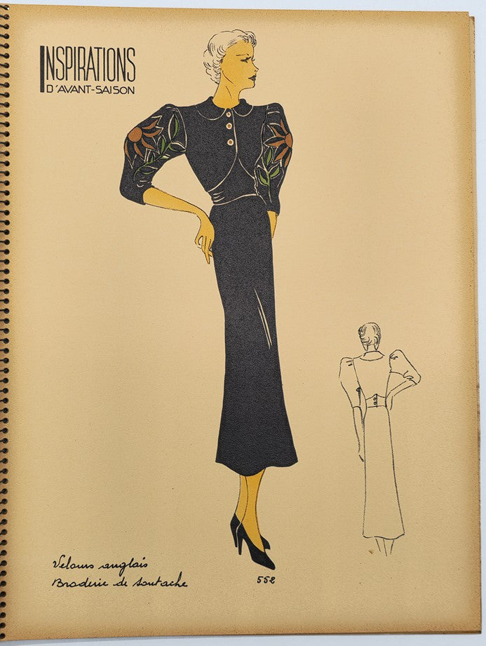 1937 Les Editions Bell Inspirations D'Avant-Saison Haute Couture Brochure featuring illustration of a stylish woman in a black dress with puffed sleeves and floral details.