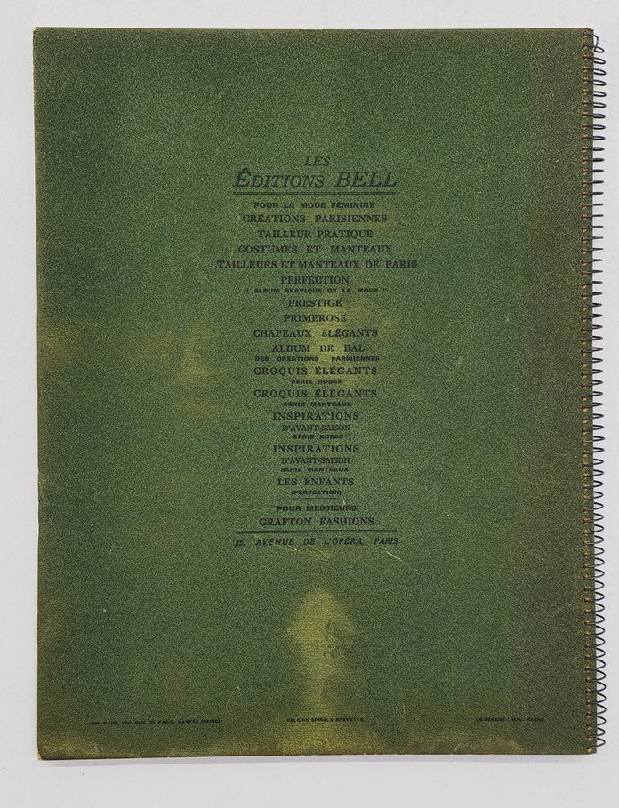 Back cover of the 1937 Les Editions Bell Inspirations D'Avant-Saison Haute Couture Brochure with green background listing fashion creations and inspirations.