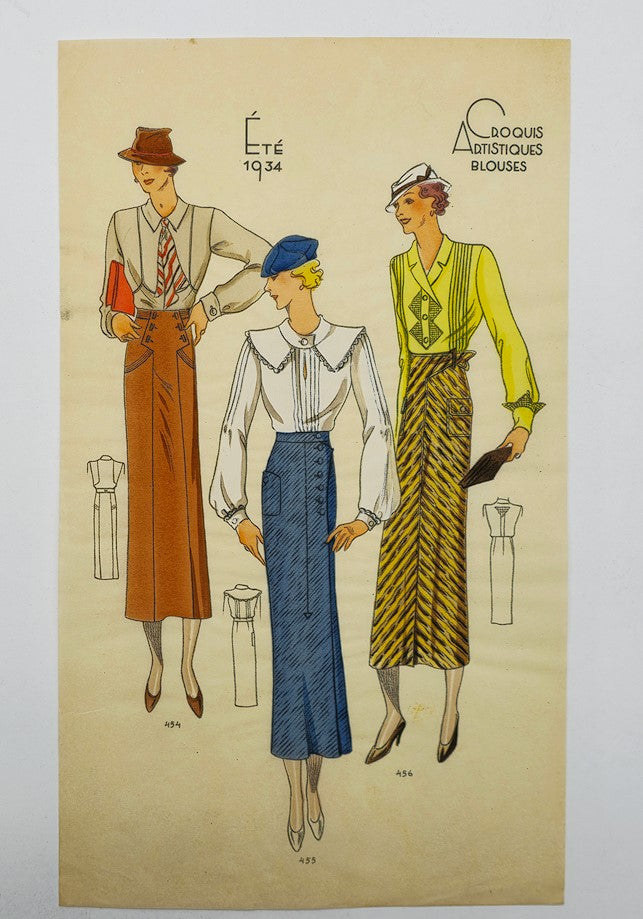 Croquis Élegants: Modeles D'Avant Saison Hiver 1933 displaying summer 1934 fashion illustrations of three elegantly dressed women in vintage attire.