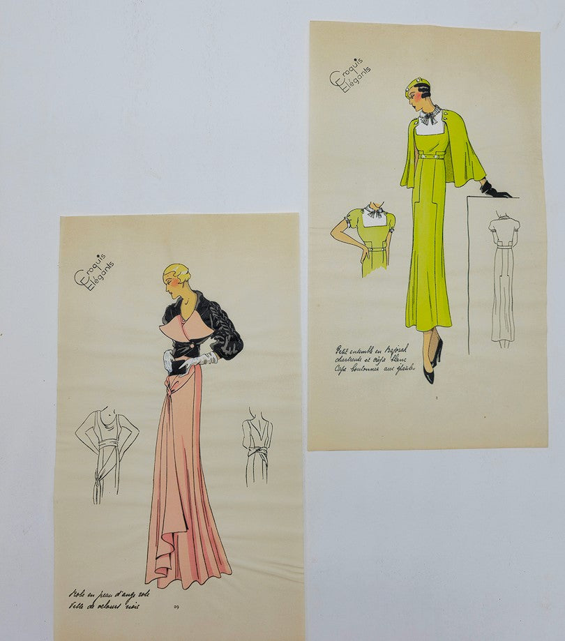 Croquis Élegants: Modèles D'Avant Saison Hiver 1933 Brochure featuring elegant dress designs in pink and green, representative of 1930s fashion.