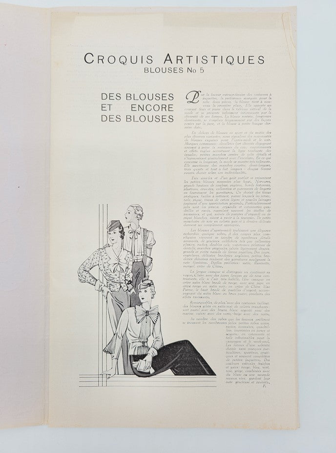 Cover page of the 1934 Croquis Artistiques Blouses No. 5 Brochure Catalog featuring vintage fashion illustrations of elegant blouses by renowned designers.