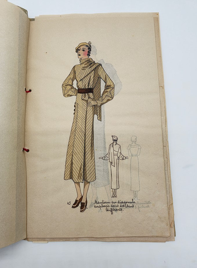 Fashion illustration of a beige dress from the Croquis Elegants: Ce Qui Se Portera Hiver 1934 No. 2 Brochure, highlighting 1934 winter attire.