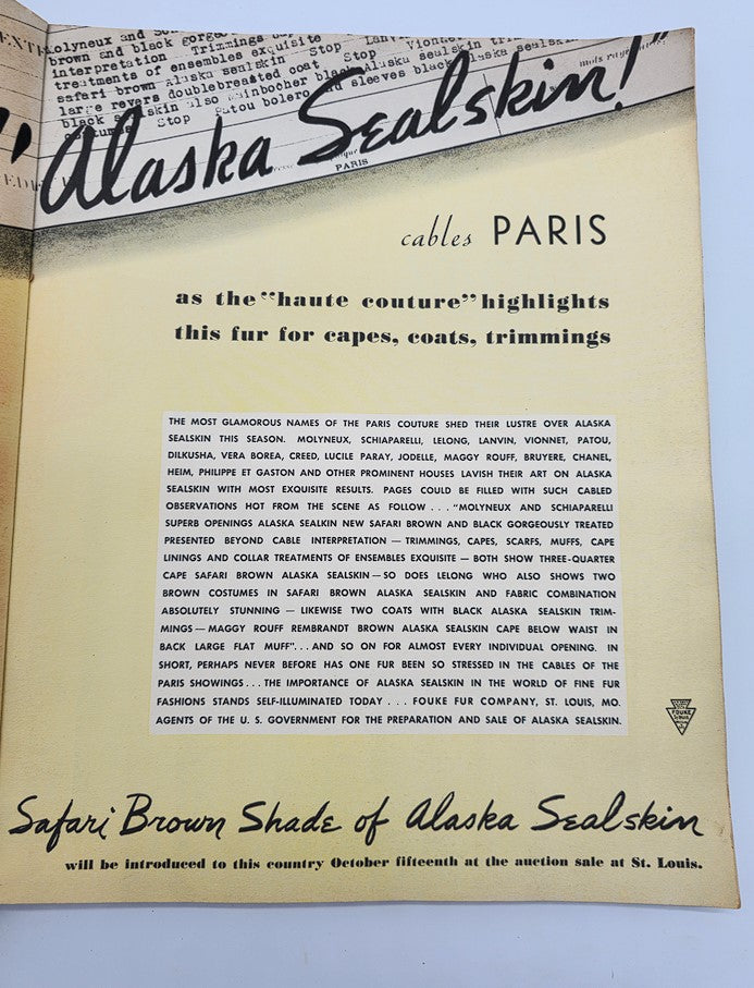 Interior page from VTG Fashions Art Magazine Winter 1935 showcasing Alaska Seal fur fashion trends, emphasizing haute couture and styles from Paris.