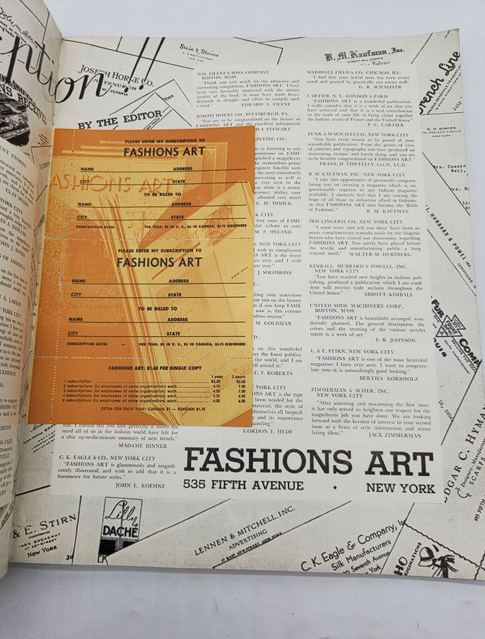Subscription page from VTG Fashions Art Magazine Winter 1935, featuring advertising and how to subscribe, showcasing historical marketing strategies in fashion.
