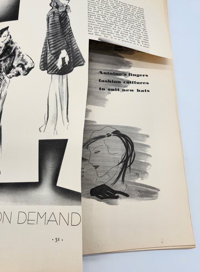 VTG Fashions Art Magazine Winter 1935 Vol 1 No. 2 illustration featuring fashion designs and hairstyles promoting new hat styles.