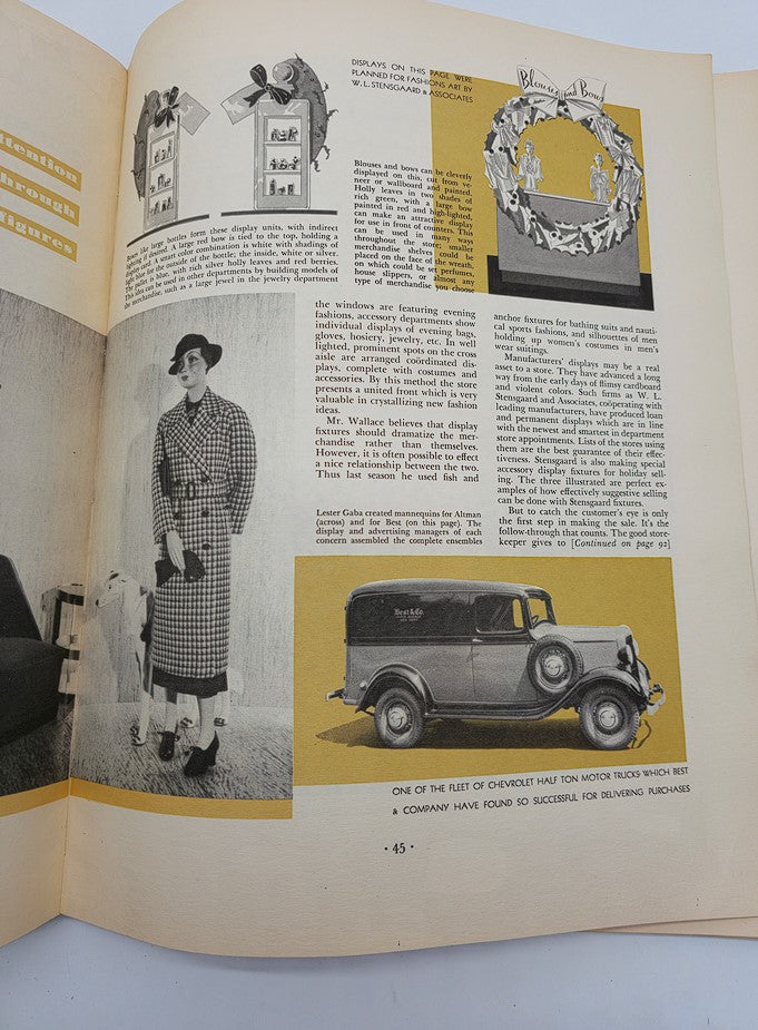 VTG Fashions Art Magazine Winter 1935 Vol 1 No. 2 page discussing fashion displays and ensemble styling with period accessories.