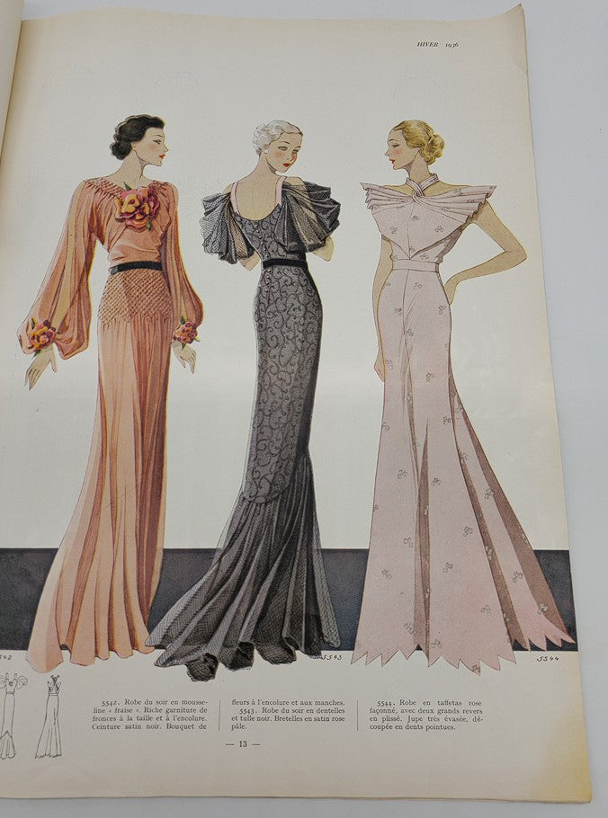 Illustration of three fashionable evening gowns from the 1936 Hiver No. 34 La Mode Feminine Chronique De La Mode magazine, highlighting 1930s design.