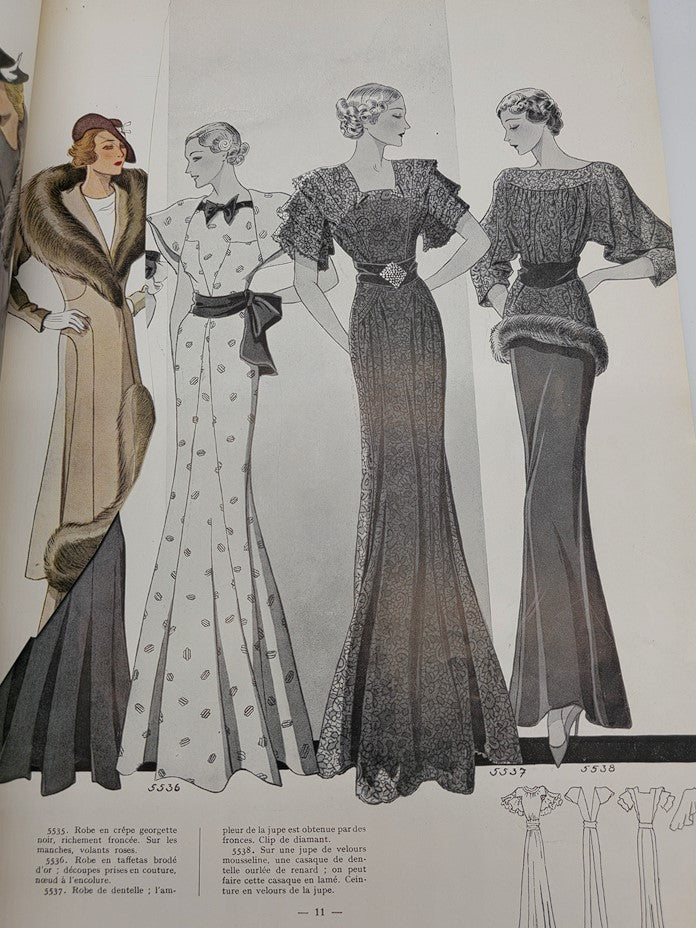 Page featuring stunning evening dresses from the 1936 Hiver No. 34 La Mode Feminine Chronique De La Mode magazine, showcasing classic 1930s fashion styles.