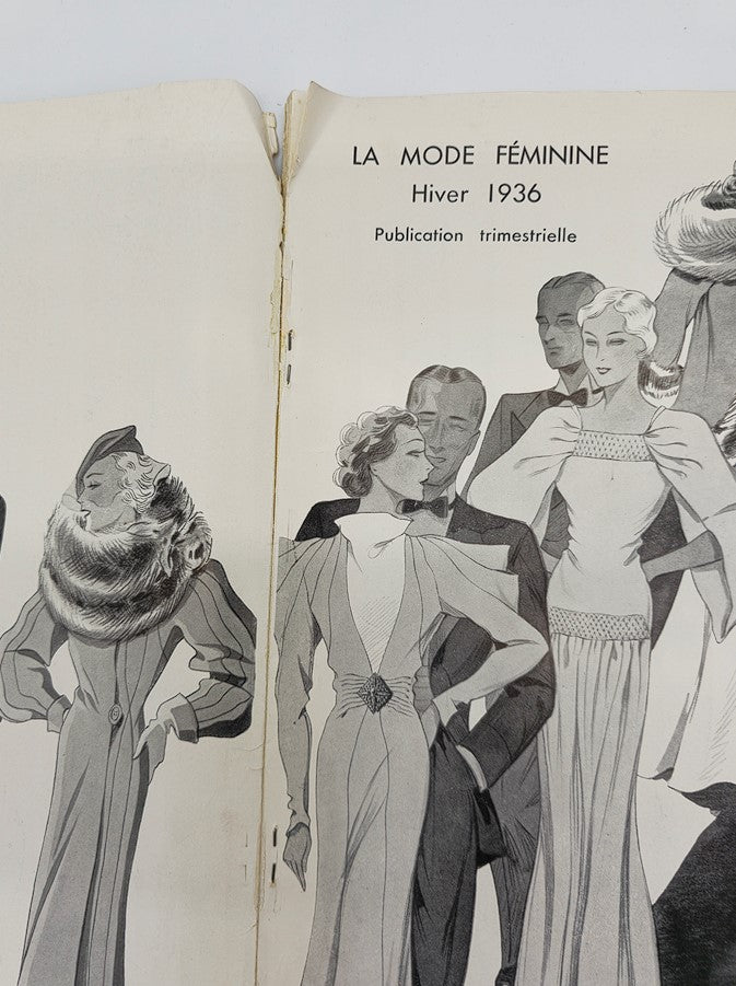 Inside cover page featuring illustrations of stylish clothing from the 1936 Hiver No. 34 La Mode Feminine Chronique De La Mode magazine, showcasing winter fashion trends.