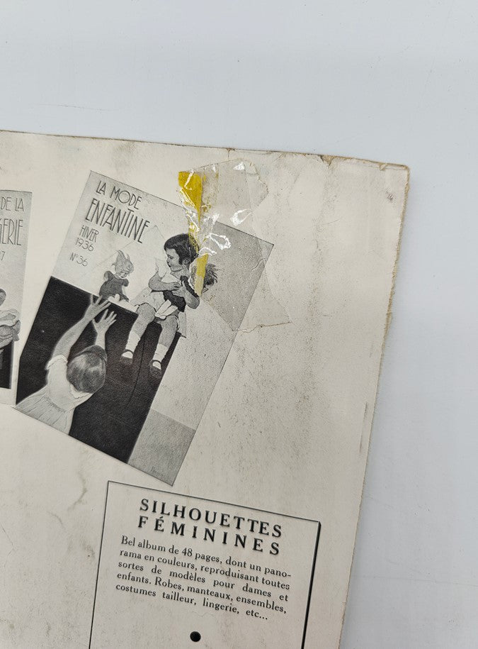 Detail of the back cover from the 1936 Hiver No. 34 La Mode Feminine Chronique De La Mode magazine, highlighting children's fashion illustrations and promotional content.
