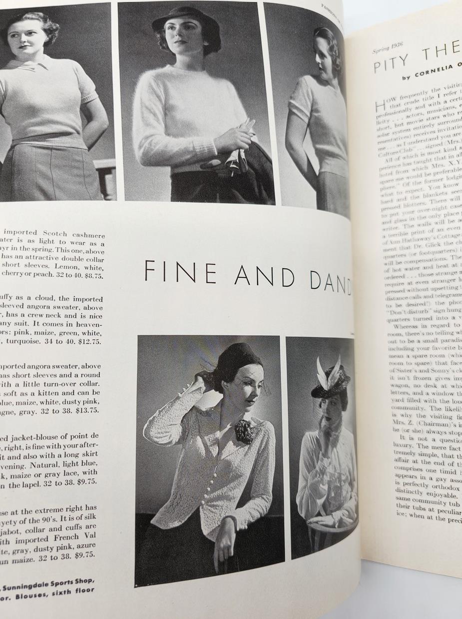 Fashion advertisements showcasing spring styles in VTG Fashions of The Hour Magazine Spring 1936 The Paris Collection, featuring elegant attires.