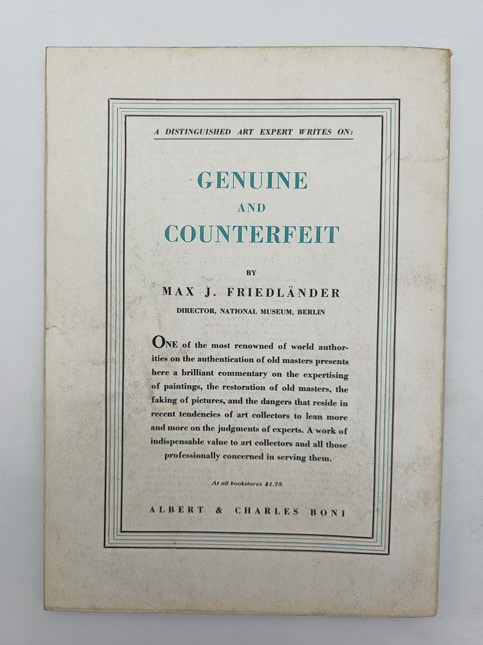 Back cover of the VTG Creative Art Magazine May 1950, advertising an article on authenticity in art by Max J. Friedländer.
