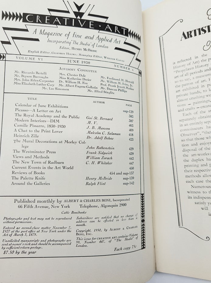 Table of contents from the Vintage Creative Art Magazine June 1930, showcasing articles including 'Picasso - A Letter on Art'.