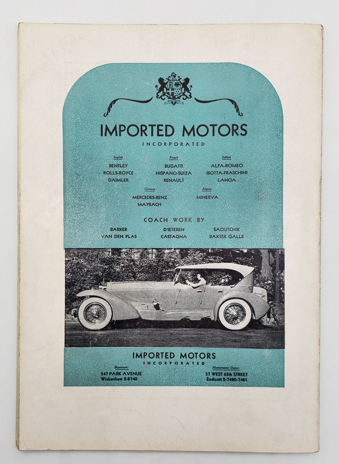 Back cover of the VTG Creative Art Magazine October 1931 featuring an advertisement for 'Imported Motors' highlighting luxury car brands. Ideal for vintage auto and magazine collectors.