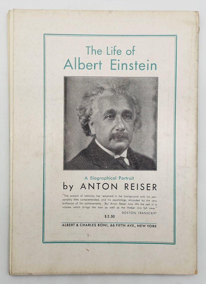 Back cover of VTG Creative Art Magazine March 1931 showcasing a biographical portrait of Albert Einstein, highlighting its vintage charm.