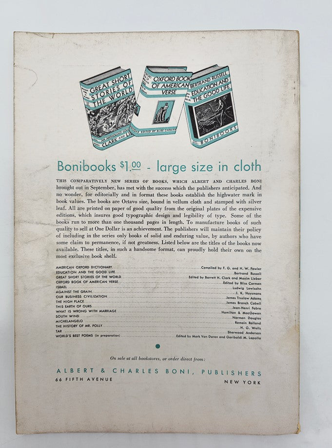 Back cover of VTG Creative Art Magazine January 1932 presenting a promotional layout for Bonibooks, emphasizing their literary collection.