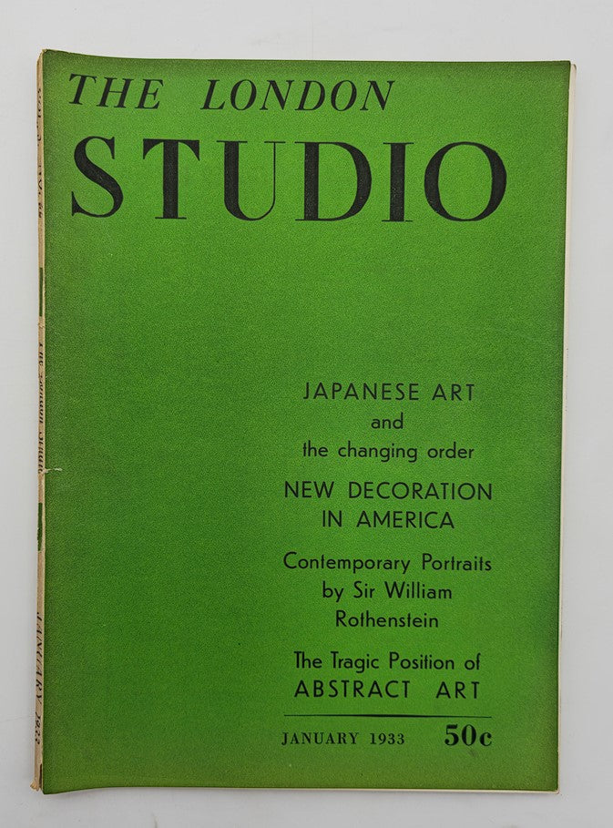 Cover of VTG The London Studio Magazine January 1933 featuring the title in bold letters against a green background, showcasing contemporary art themes including Japanese art and abstract art.