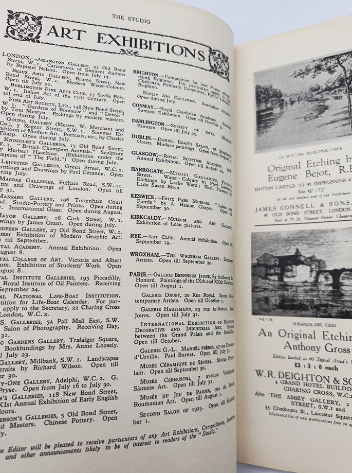 Interior page of VTG The Studio Magazine July 15 1925 Vol 90 #388 displaying art exhibition listings and advertisements.