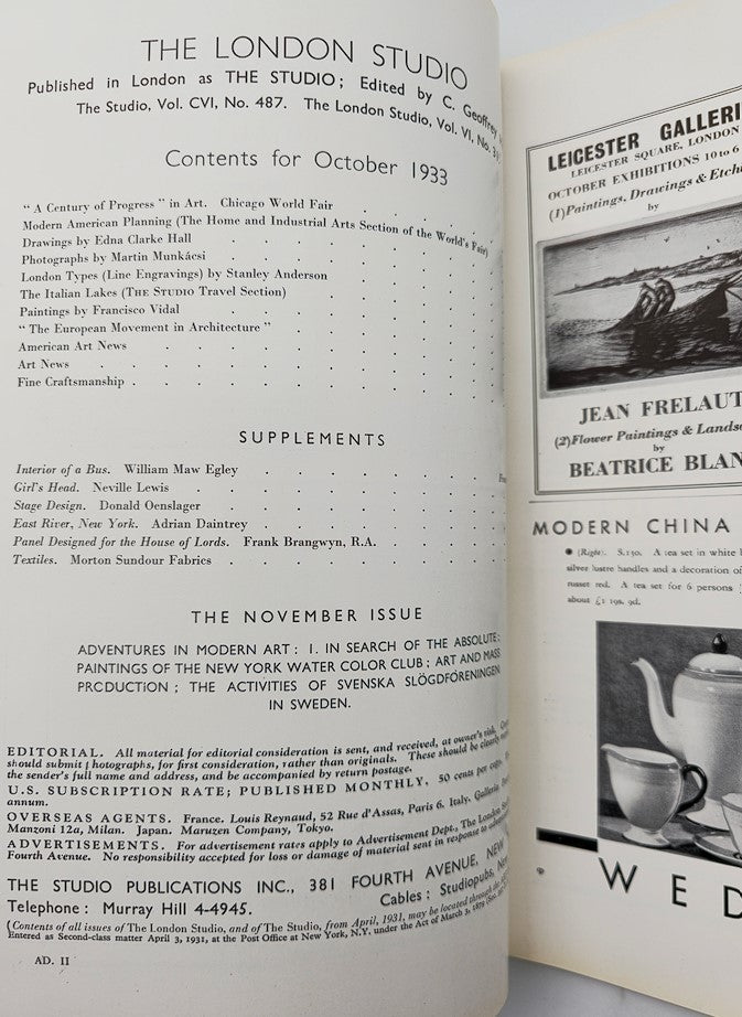 Contents page of VTG The London Studio Magazine October 1933 A Century of Progress detailing articles and artworks featured in this vintage issue.
