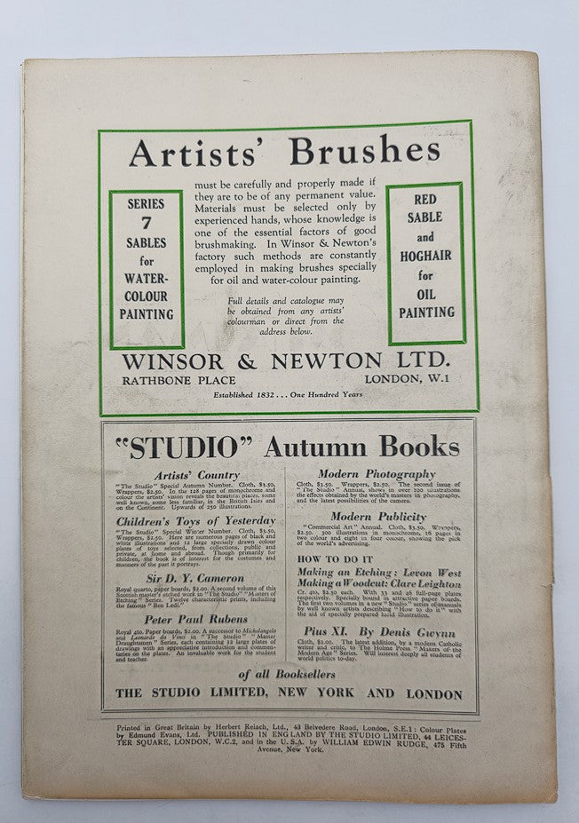 Back cover of VTG The London Studio Magazine August 1932, displaying an advertisement for artists' brushes and related materials.