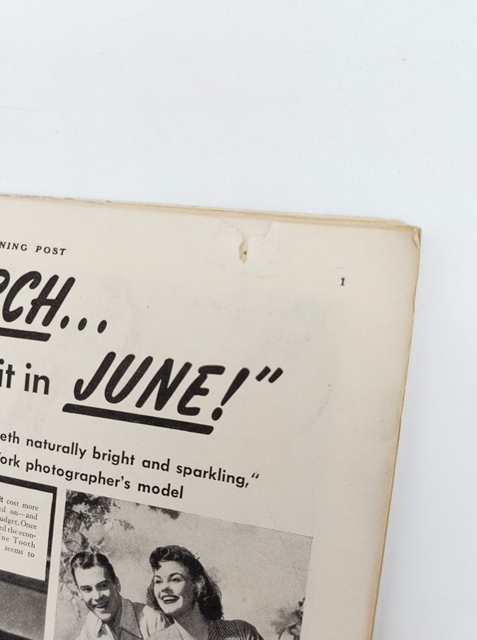 Inside page of The Saturday Evening Post dated June 22, 1940, displaying the text 'March... it in June!' alongside images of smiling individuals.