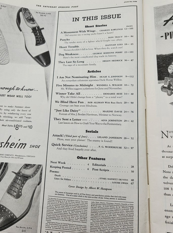 Table of contents from The Saturday Evening Post June 22, 1940, detailing articles and short stories including 'I Am Not Nominating Him'.