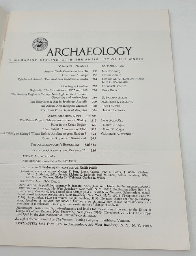Table of contents from the October 1969 issue of Archaeology Magazine, Volume 22, Issue 4, highlighting features on Ancient Anatolia and various archaeological topics.