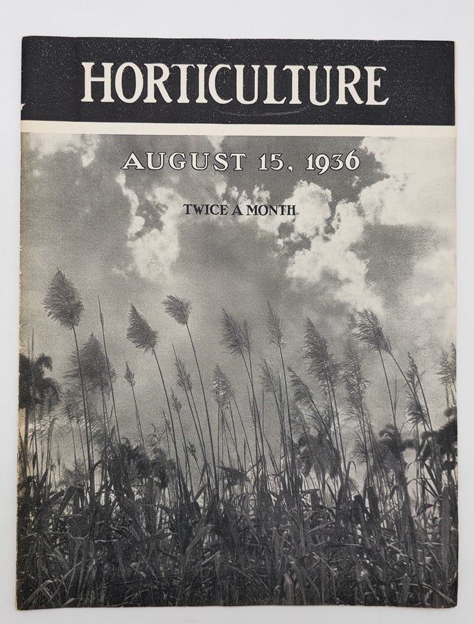 Cover of VTG Horticulture Magazine from August 15, 1936 featuring a black and white photograph of tall grasses against a cloudy sky, titled 'HORTICULTURE'.