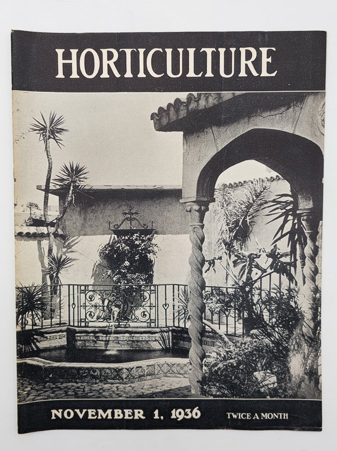 Cover of the VTG Horticulture Magazine dated November 1, 1936 featuring a Spanish garden design and showcasing elements of horticulture.