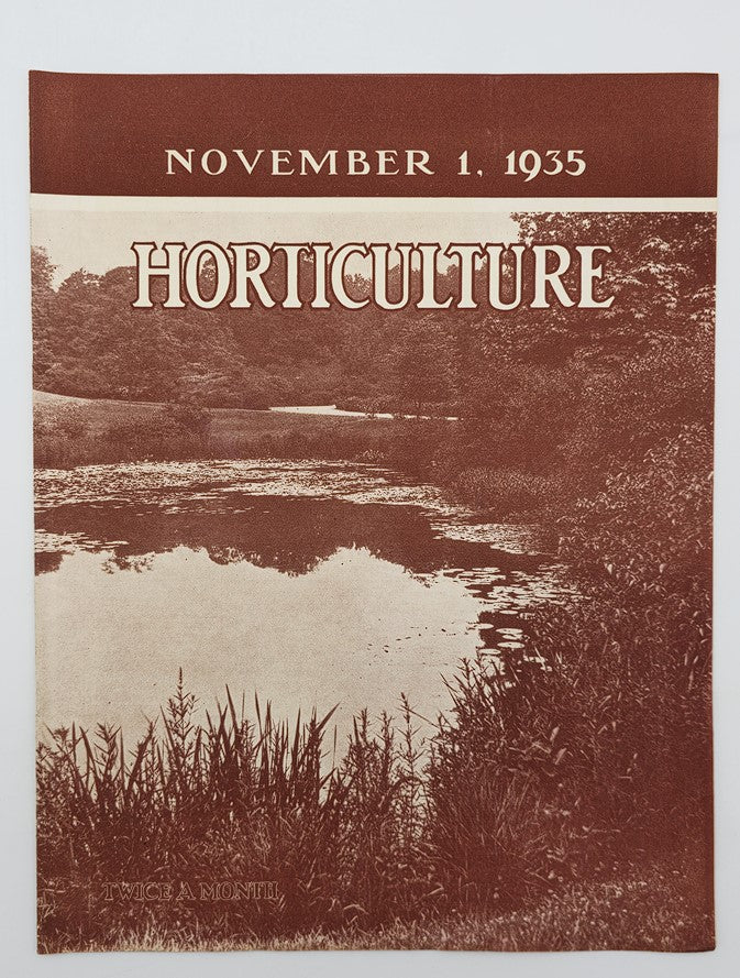 Cover of VTG Horticulture Magazine November 1 1935, featuring a scenic landscape with a lake and title prominently displayed.