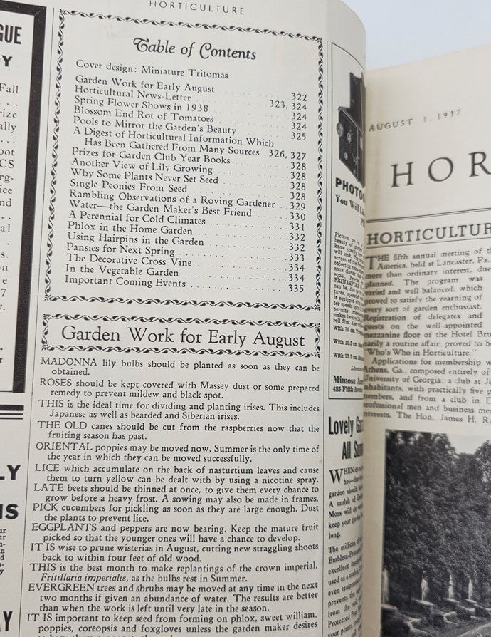 Interior page of VTG Horticulture Magazine August 1 1937 featuring the table of contents and gardening advice, emphasizing the magazine's focus on Miniature Tritomas.