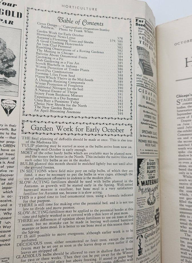 Interior page of the VTG Horticulture Magazine October 1, 1936 displaying the table of contents with various articles related to gardening and horticulture.