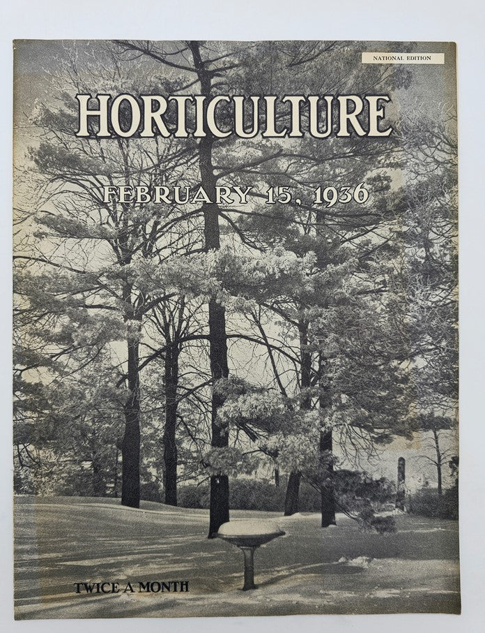 Cover of the VTG Horticulture Magazine dated February 15, 1936, featuring winter-themed greenery and snow-covered landscape, showcasing the title 'HORTICULTURE' prominently.
