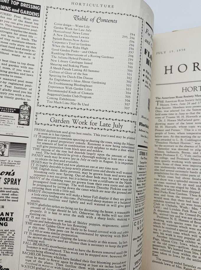 Table of contents page from VTG Horticulture Magazine July 15, 1936, listing gardening topics such as cover design, garden work, and horticultural advice.