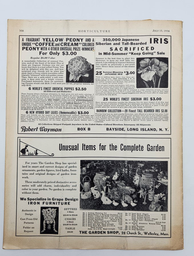 Advertisement page from VTG Horticulture Magazine dated July 15, 1936, showcasing various garden plants and gardening items available for purchase.