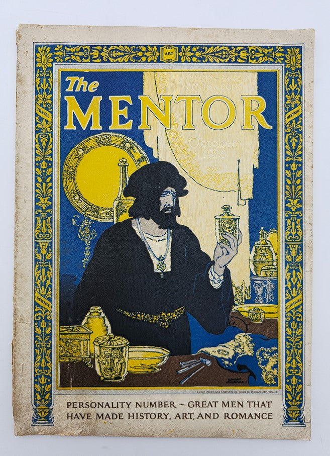 Cover of VTG The Mentor Magazine October 1926 showcasing a historical figure holding a glass, featuring the title and vibrant illustrations.