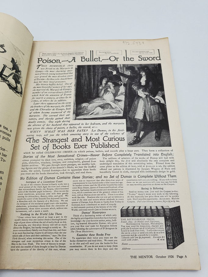 Interior page of VTG The Mentor Magazine October 1926 titled 'Poison, A Bullet, Or the Sword', highlighting a dramatic scene with historical context.