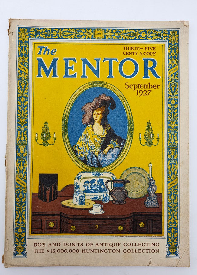 Cover of VTG The Mentor Magazine September 1927, Volume 15, Issue 8, featuring a vibrant design and showcasing antiques with a focus on do's and don'ts of antique collecting.