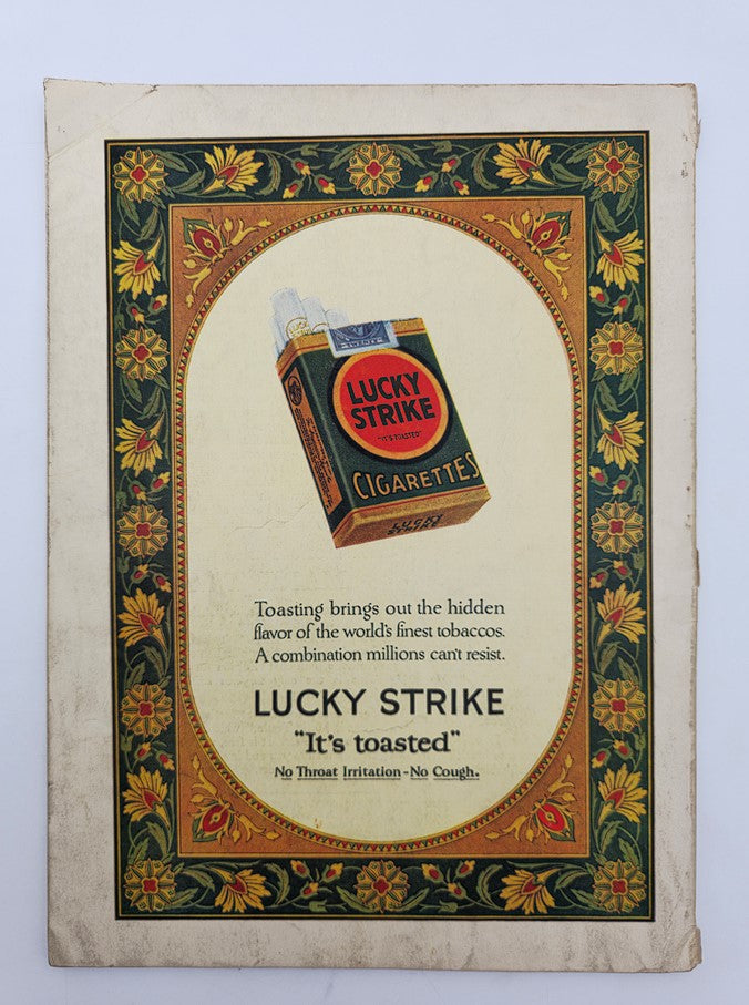 Back cover of the Vintage The Mentor Magazine September 1927 Vol 15 #8 featuring a colorful advertisement for Lucky Strike Cigarettes, highlighting its unique toasting process.