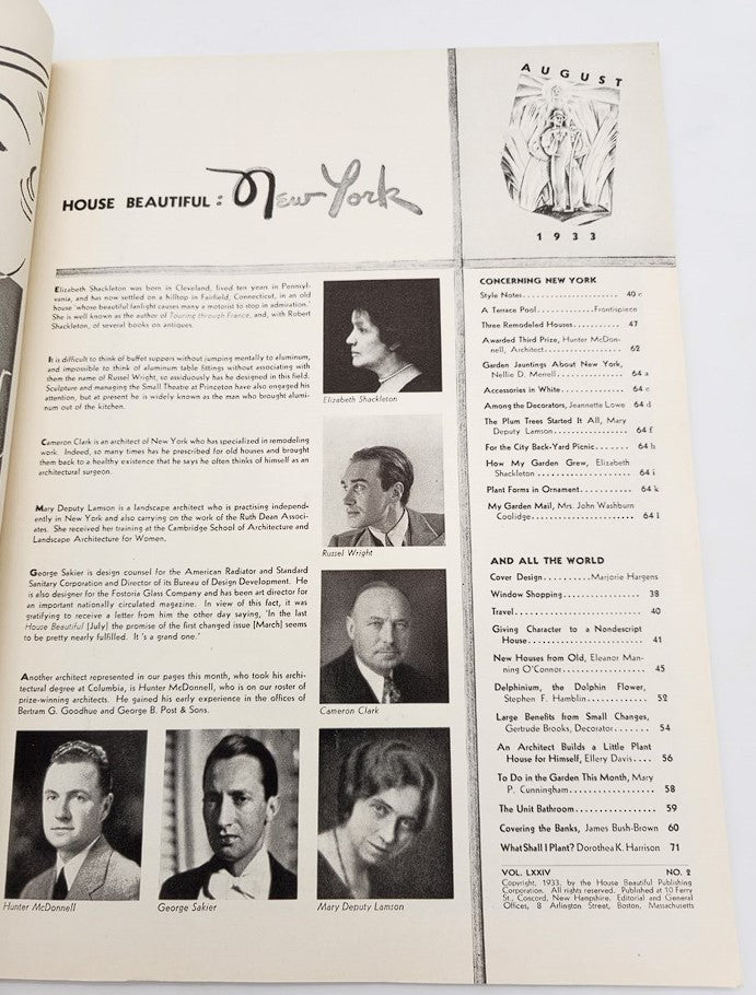Interior page from VTG House Beautiful Magazine August 1933 Vol 74 #2, featuring articles and images related to early 20th-century design and architecture.