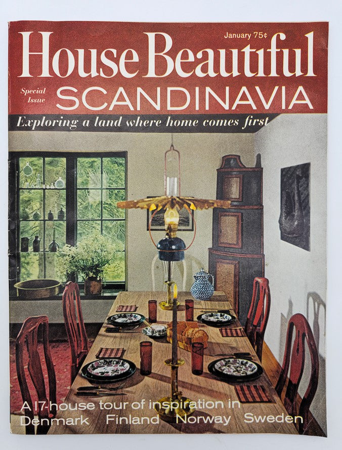 Cover of VTG House Beautiful Magazine January 1968 Vol 110 #1 featuring Scandinavian design aesthetics with a dining table set and home decor, highlighting a 17-house tour of inspiration in Denmark, Finland, Norway, and Sweden.