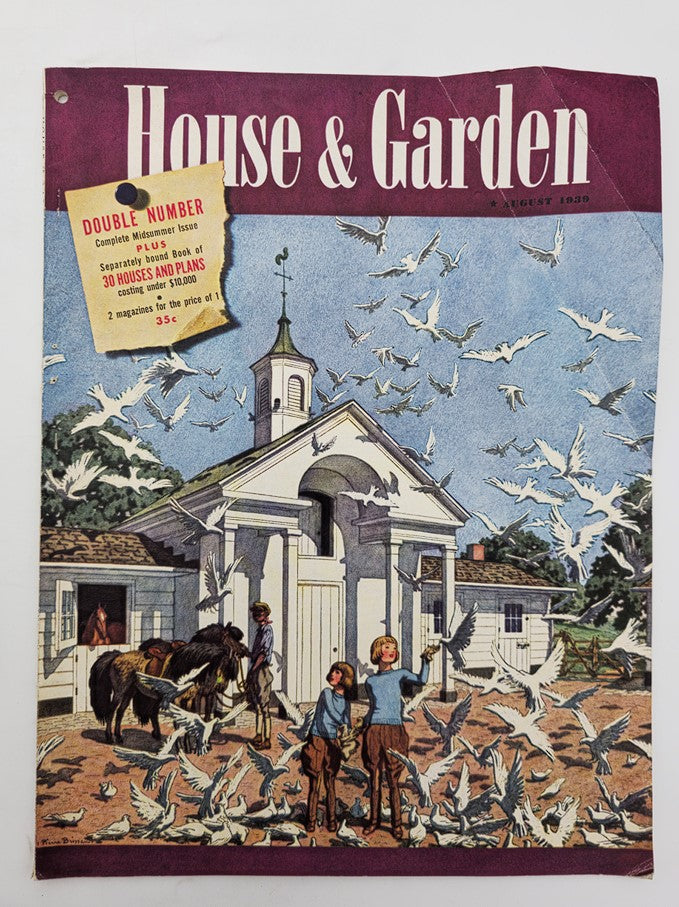 Cover of House & Garden Magazine from August 1939 featuring a vibrant illustration of children and doves near a historic building, part of the Lot of 2 House & Garden Magazine August 1939 House Portfolio.