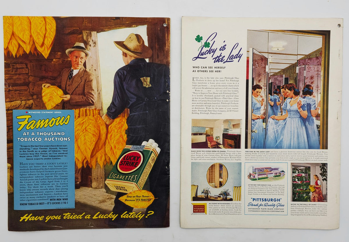 Advertisement and interior content from House & Garden Magazine August 1939, featuring vintage imagery related to tobacco auctions and home decor, part of the Lot of 2 House & Garden Magazine August 1939 House Portfolio.
