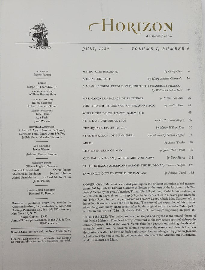 Cover page of VTG Horizon Magazine of Art July 1959 Vol 1 #6 The Rape of Eupora, featuring a ship illustration and indicating the issue number and date.