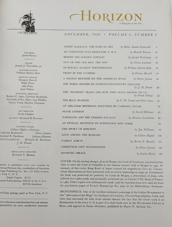 Table of contents from VTG Horizon Magazine of Art September 1958 listing various articles and features.